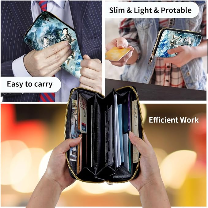 Wallet,Leather Long Wallet Suitable For Ladies And Teenagers - Detachable Wristband + RFID Travel Wallet With Card Slot - Mountain Wolf Pack