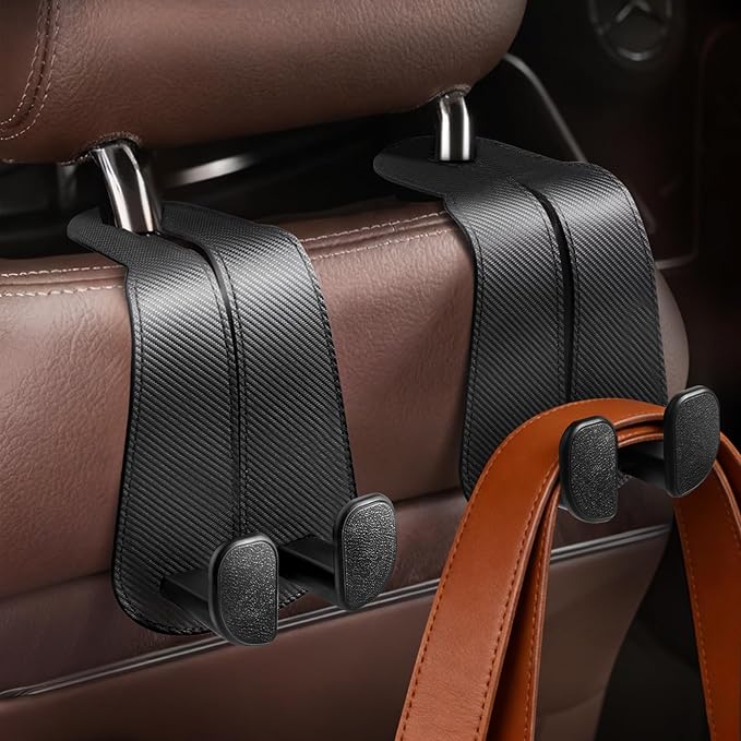 CoBak Extra Wide Car Seat Back Hooks, Premium Stitched Leather Headrest Hangers with Wide Slot Structure, Universal for Any-Width Purses, Handbags, Bags (2 Pack), Carbon Fiber Black