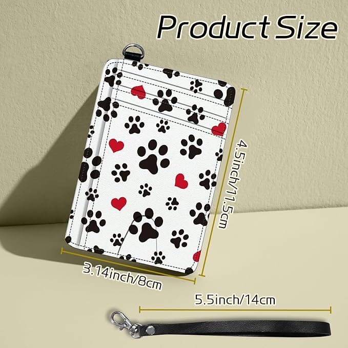 Small Travel Wallets, Cute Dog Paw Prints Slim Minimalist Front Pocket Wallet with Wristlet, RFID Blocking PU Leather Credit Card Holder with ID Window Change Purse for Men Women