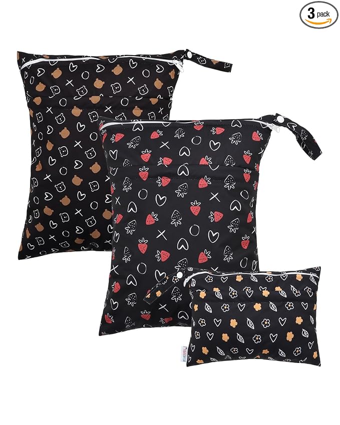 ALVABABY 3 Cloth Diaper Wet Dry Bags Waterproof Reusable with Two Zippered Pockets Travel Beach Pool Daycare Soiled Baby Items Yoga Gym Bag for Swimsuits or Wet Clothes Small Medium Large 3L-SML10