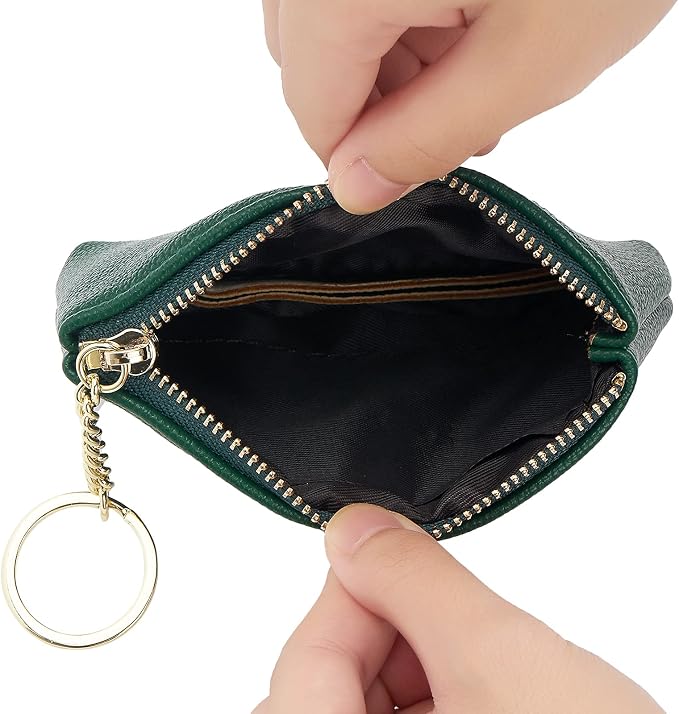 WOZEAH Artificial Leather Coin Purse Change Purse With Key Chain Ring Zipper For Men Women (A Green)