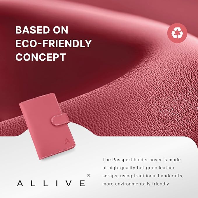 ALLIVE passport holder for travel family of 4, RFID Blocking Passport Wallet Document Organizer for Women & Men, Genuine Leather Cover with AirTag holder, Airport Essentials, Travel Gift (Rose Pink)