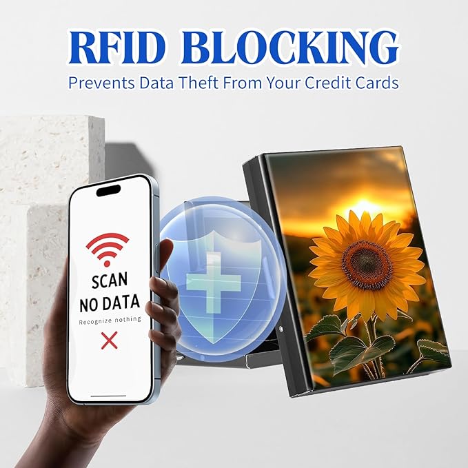 RFID Blocking Credit Card Holder - Slim Metal Wallet for Women & Men,Sunset Sunflower Design Stainless Steel Business Card Case,Compact Pocket Organizer for Travel & Daily Use