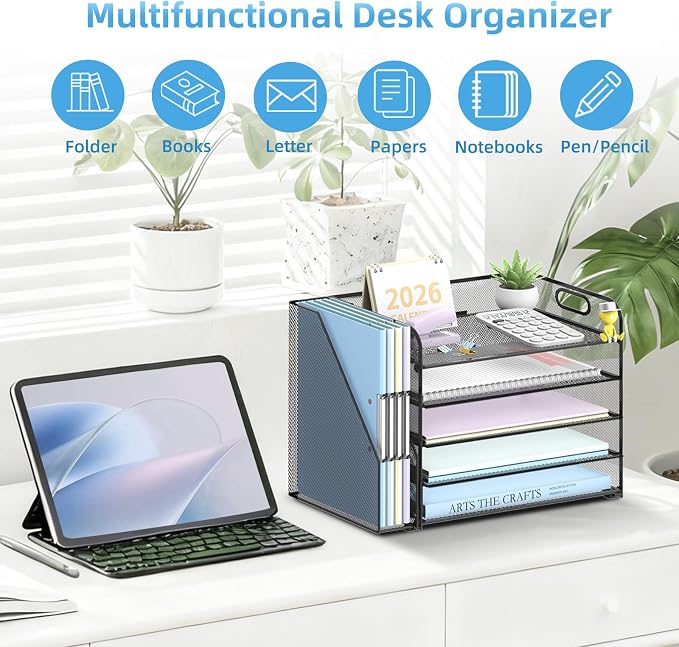 SUPEASY 5-Tier Desk Organizer with File Holder, Desk Organizers and Accessories, Paper Organizer for Desk, Mesh Desktop File Organizer, Workspace Organizers for Office School Home, Black