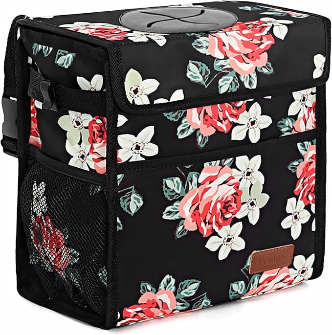Car Trash Can Leak Proof Car Trash Bag Waterproof Car Garbage Can with Lid Collapsible and Portable with Storage Pocket, Large/Flower, 3 Gallons