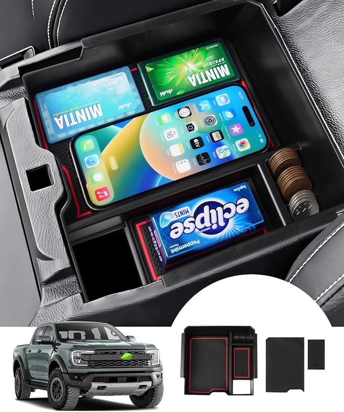 Autorder Center Console Organizer for 2024 2025 2026 Ford Ranger Accessories Armrest Storage Box Secondary Insert Tray with 2 Color Mats (ONIF FIT Electric handbrake Version)