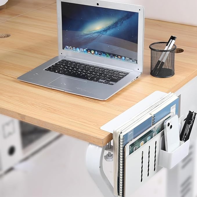 Desk Side Storage, Desk Laptop Holder with Magnetic Pen Holder, No Drill Desk Side Organizer for Office and Home Fits Flat Edge 0.3" to 2.3"