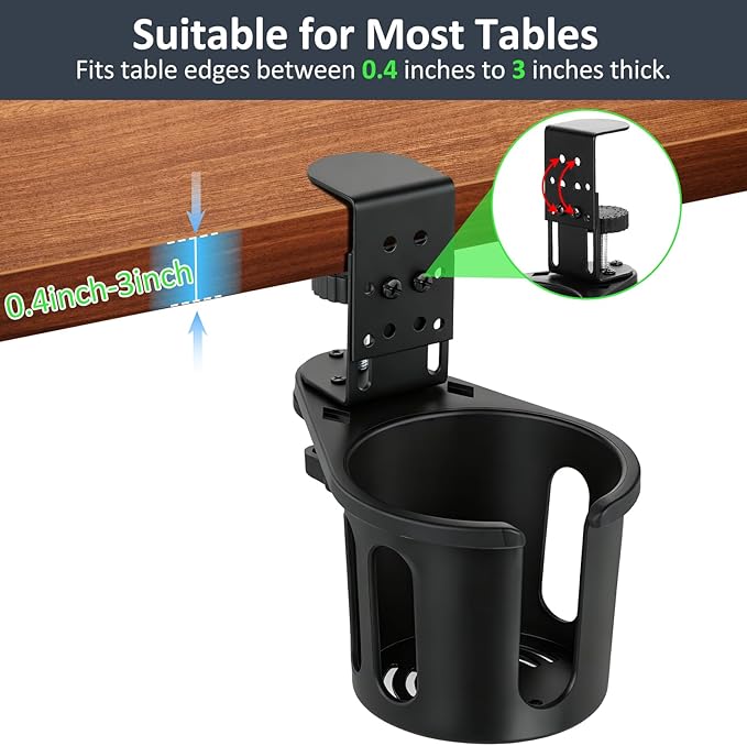 MYITYARD Desk Cup Holder Clamp, Clip On Table Cup Holder, Rotatable Water Bottle Stand Drink Coffee Mug Storage, Office Accessories for Home and School