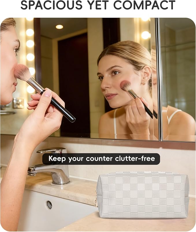 Checkered Makeup Bag for Purse - Cute PU Leather Travel Cosmetic Pouch for Women, Portable Flat Toiletry Organizer with Gold Zipper(white)