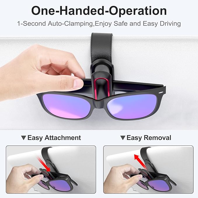 Veharvim Sunglass Holder for Car (2 Pack, One-Handed Operation, Gentle & Secure Hold, Silicone Padded, Universal Fits Sunglass and Car Visor) - Sunglasses Clip for Car Visor (Black & Red, 2 Pack)