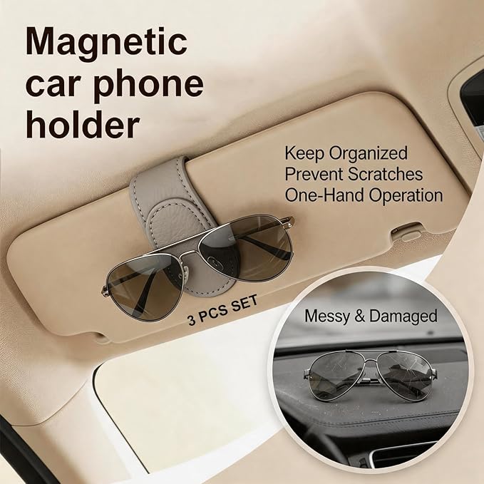 3 Pack Leather Magnetic Sunglass Holder for Car Visor, Premium Leather with Magnetic Clip, Universal for Different Size Glasses, Ideal for Jeep and Other Vehicles, Car Accessories (Grey)