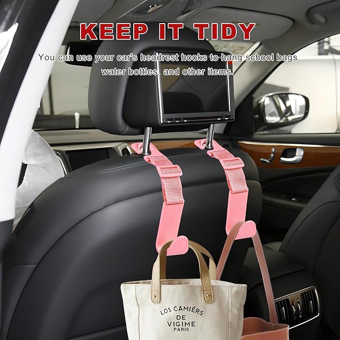 4PCS Car Seat Headrest Hook, Adjustable Vehicle Backseat Hanger Storage Organizer, Universal Seat Back Holder Hooks for Purse Coat Grocery Bag, Car Accessories (Pink)
