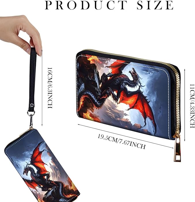 Zip Around Wallets for Women with Detachable Wrist Strap, Large Capacity RFID Blocking Leather Purse Organizer Card Holder Wristlet,Magic Dragon Castle