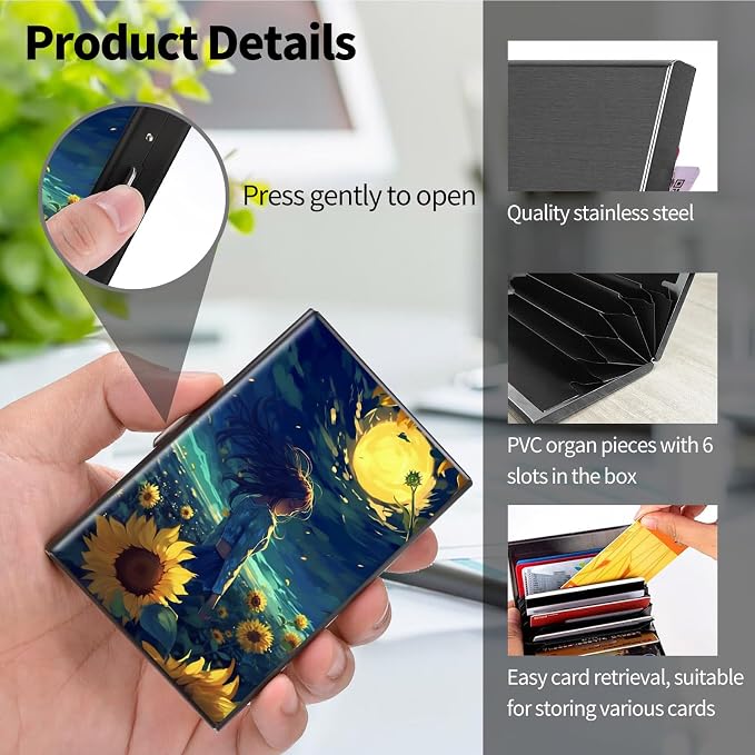 Metal Wallet for Women Men Girls, RFID Blocking Slim Aluminum Credit Card Holder, Mini Travel Wallet with Hard Shell, Lightweight ID & Business Card Case,Sunflower Girls