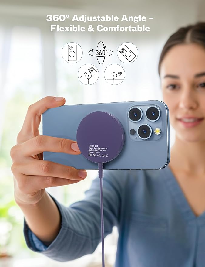 Bohuma Magnetic Wireless Charger for iPhone – 15W Fast Charging Pad with Dual Ports - Compatible with iPhone 12-17 & AirPods 4 3 2 Pro – Purple Sleek Aluminum Alloy Design for Home, Office & Travel