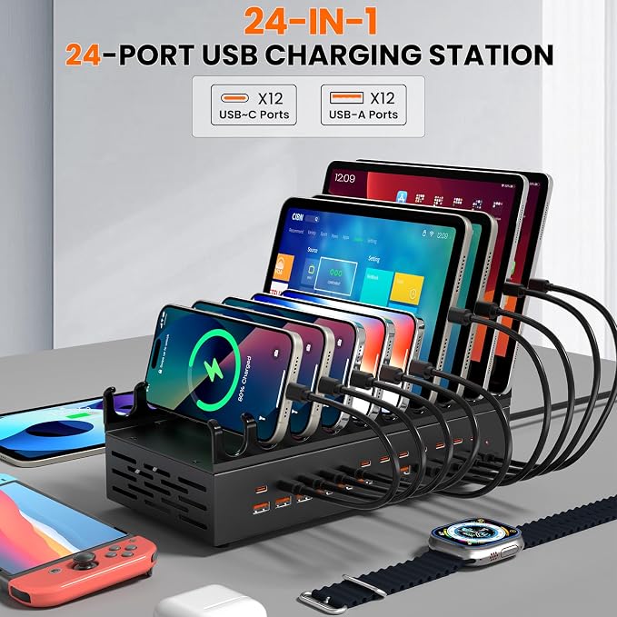 300W USB Charging Station for Multiple Devices - 24 Ports Desktop Multi Fast Charger Station with Device Organizer Stand & Multi Protection, USΒ Power Strip Suitable for Home Office School Studio