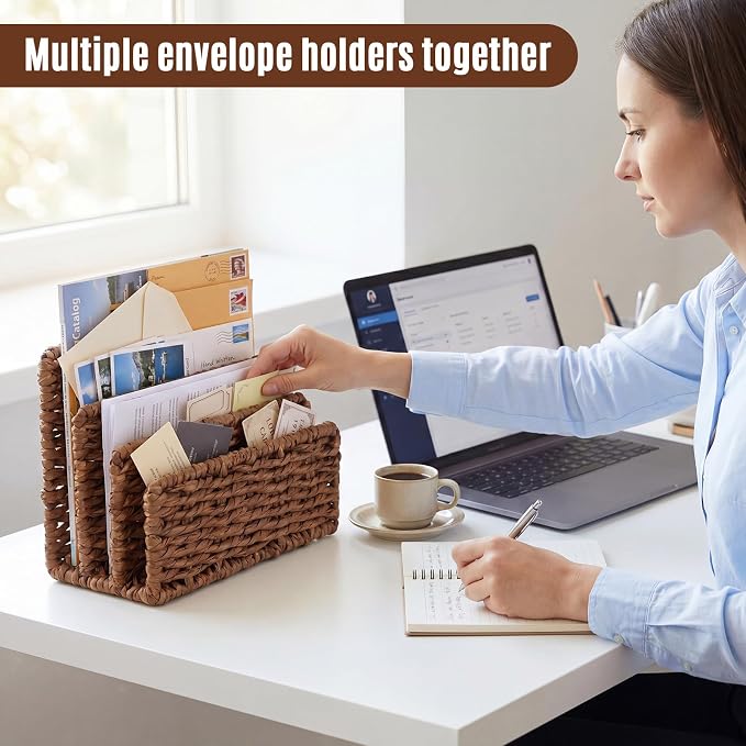 Paper Rattan Mail Organizer for Desk Mail Holder Countertop with 3 Slot Paper Rattan Letter Sorter File Holder Envelope Book Stand Farmhouse Office Desk Organizer and Storage Accessories