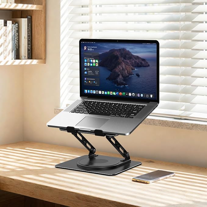 Adjustable Laptop Stand for Desk with 360 Rotating Base, Metal Foldable Laptop Riser Holder, Portable Desktop Book Stands, Ventilated Cooling Computer Notebook Stand Compatible with 10-15.6” Laptops