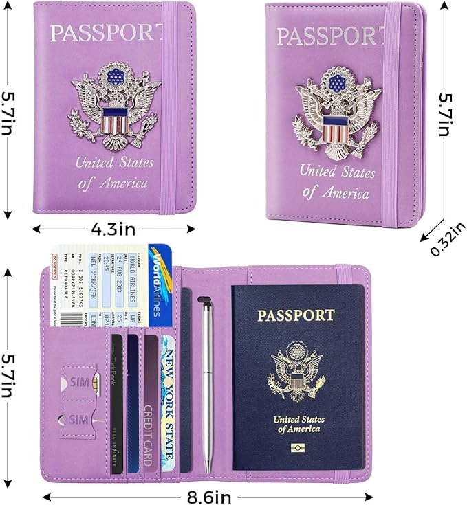 Cnycmy Passport Holder for Travel, Pu Leather Travel Wallet, RFID Blocking, Metal United States Coat of Arms, Waterproof cover for Family (Purple)