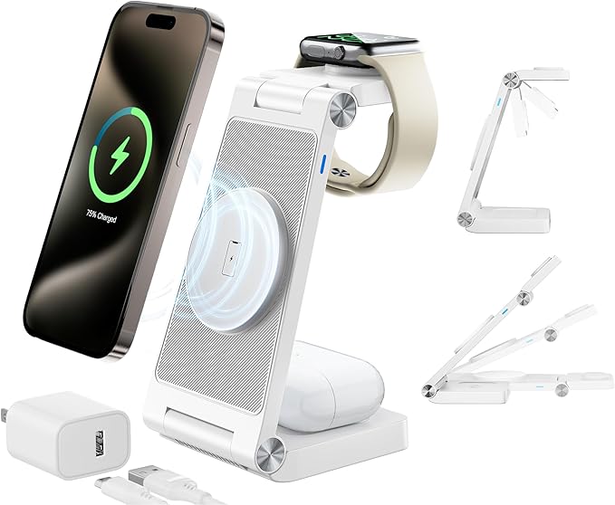 3-in-1 Magnetic Wireless Charging Station, Fast Max Charging for Smartphone, Watch & TWS, Space-Saving Multi-Device Charger Stand (White)