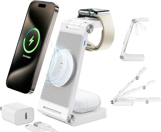 3-in-1 Magnetic Wireless Charging Station, Fast Max Charging for Smartphone, Watch & TWS, Space-Saving Multi-Device Charger Stand (White)