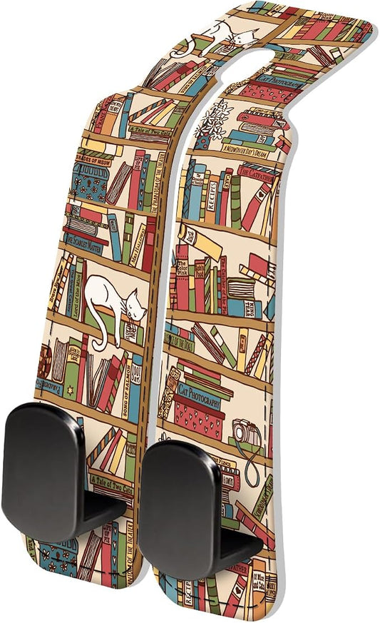 PU Leather Car Seat Hook, Storage Headrest Hanger, Cute Car Backseat Organizer, Car Hooks For Purses and Bags Vintage Bookshelf Pattern