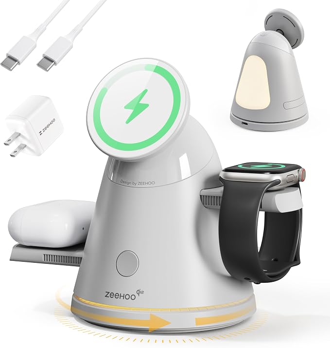 ZEEHOO 3 in 1 Charging Station for Apple Devices,Qi2 Mag-Safe Charger Stand&Light,Fast Wireless Charging Station for iPhone 17/16/15/14/13/12&AirPods&iWatch&Pixel 10& Samsung Galaxy Watch-30W Adapter