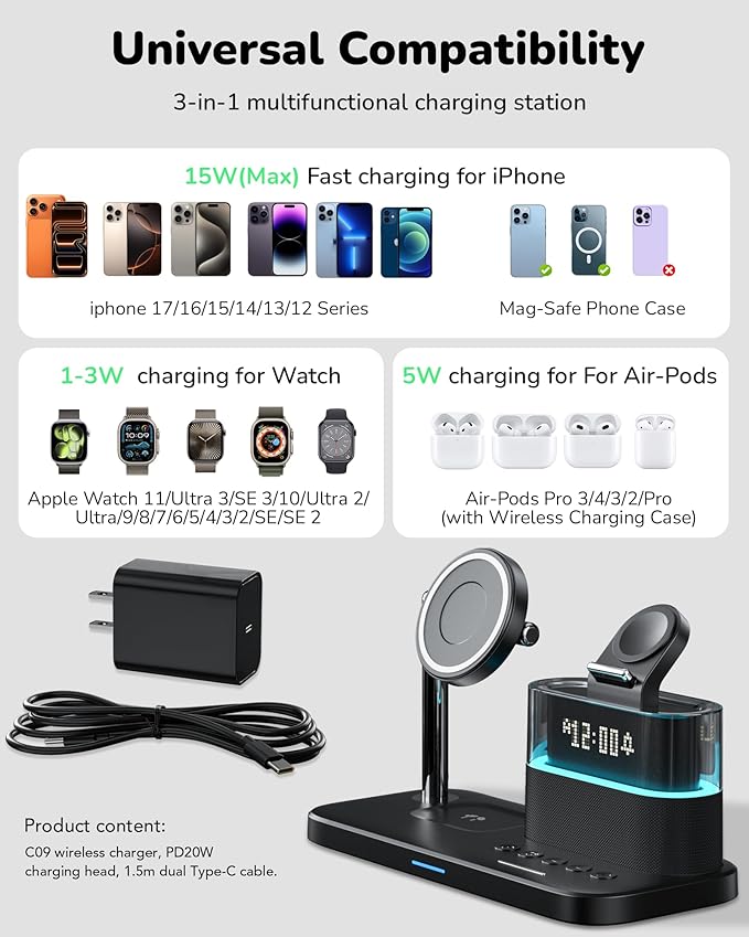 5 in 1 Wireless Charging Station for Apple,Mag-Safe Charger with Alarm Clock Night Light for Multiple Devices,Nightstand Charging Station for iPhone 17/16/15/14/13/12,Apple Watch Series,Air-Pods