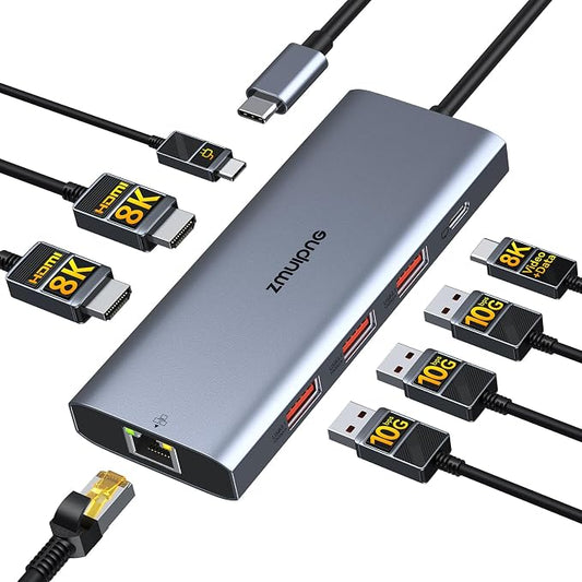 USB C Docking Station Dual HDMI Monitors Adapter USBC to Dual HDMI 8K Video | Laptops Docking Station 3 Monitors USB C to 2 HDMI with Alt Mode Video Output HDMI 3*10G PD USB Port Ethernet for Dell HP