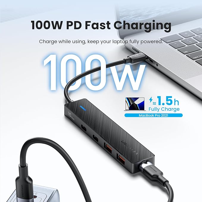 VENTION 10Gbps USB 3.2 Hub, USB Hub with 4 USB 3.2 Ports(USB A*2 Type C*2), PD 100W Chrging USB 3.2 Gen 2 Splitter USB Expander, Black