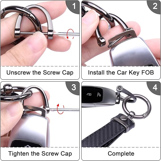 Wisdompro Carbon Fiber Style Car Keychain, Microfiber Leather Key Chain, Universal Key FOB Keychain Holder for Men and Women, with Anti-lost D-ring, 3 Keyrings - Black (with round connector)