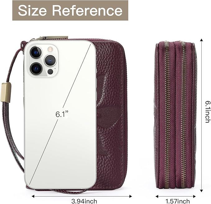 GOIACII Women's Wallet Double Zip Around Credit Card Holder Ladies Wallet Rfid Blocking Wristlet Purse Medium Size Leather Purple