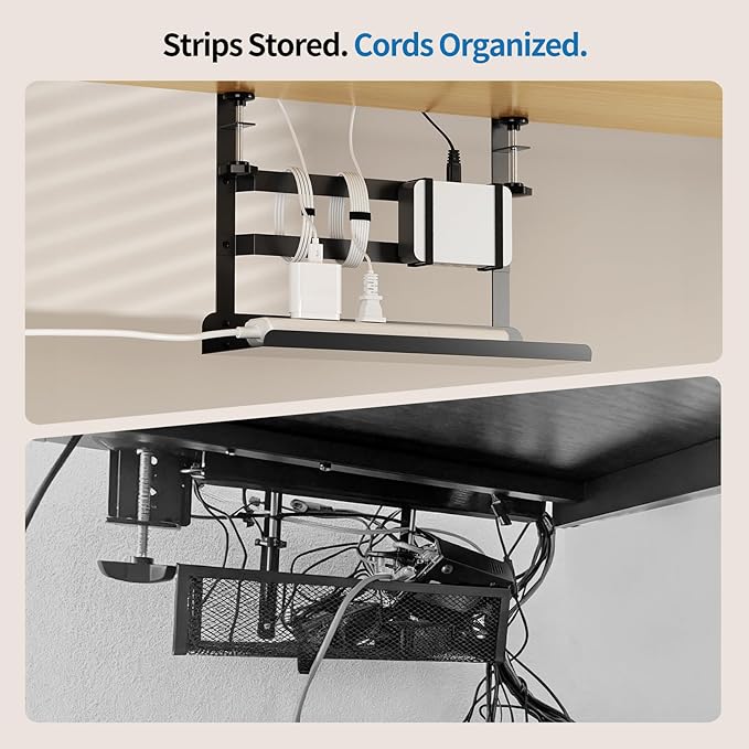 YECAYE Under Desk Cable Management Tray, No Drill Clamp Mount Metal Cable Management Tray with Desk Protection Pads, Under Desk Organizer Easy Installation with Hook & Loop Straps for Home Office