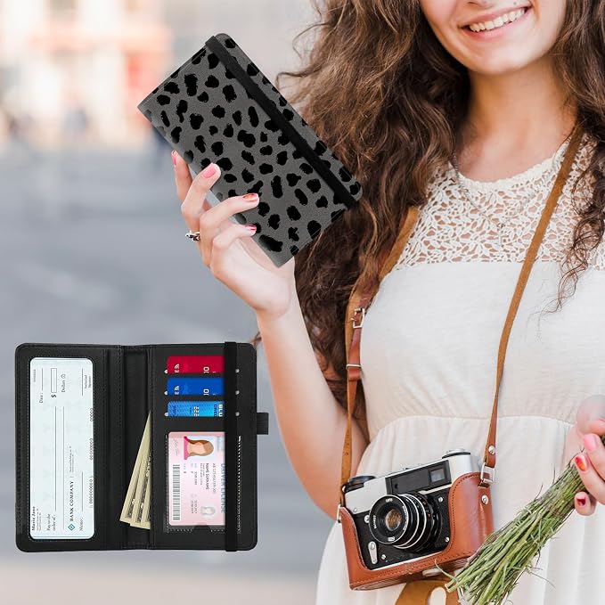 Premium PU Leather Checkbook Cover for Men & Women,RFID Blocking Slim Check Book Holder with Duplicate Check Divider & Pen Holder,Fits Standard Personal Checks,Black Leopard Print