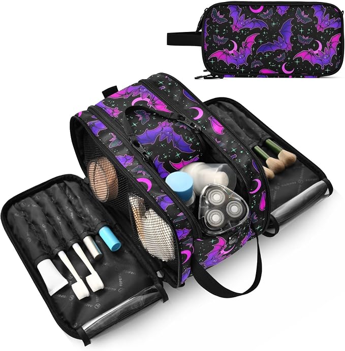 MNSRUU Travel Makeup Bag, Purple Bat Gothic Makeup Bag Large Capacity Cosmetic Bag Organizer, Portable Toiletry Bag for Travel Size