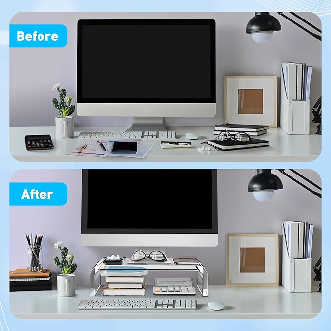 AboveTEK Acrylic Monitor Stand ??Clear Monitor Riser & Computer Desk Stand, Premium Acrylic Laptop Stand for Home Office, PC TV Stand with Keyboard Storage Heavy Duty Desk Riser