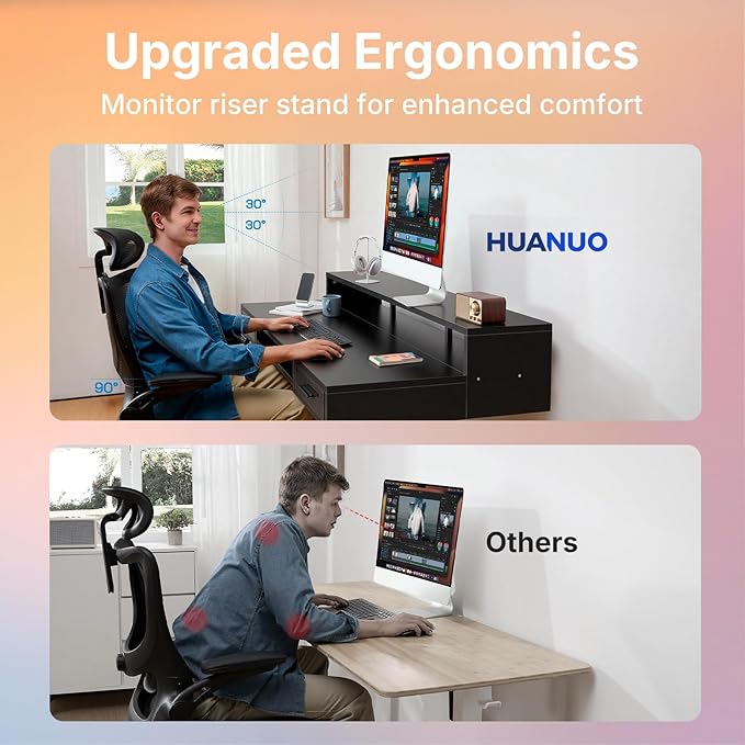 HUANUO 48″ x 26″ Electric Standing Desk with 2 Drawers &24.4″ Large Keyboard Tray, C-Clamp Mount Compatible, Adjustable Computer Desk for Office, Sit Stand Up Desk with 4 Height Presets, Black