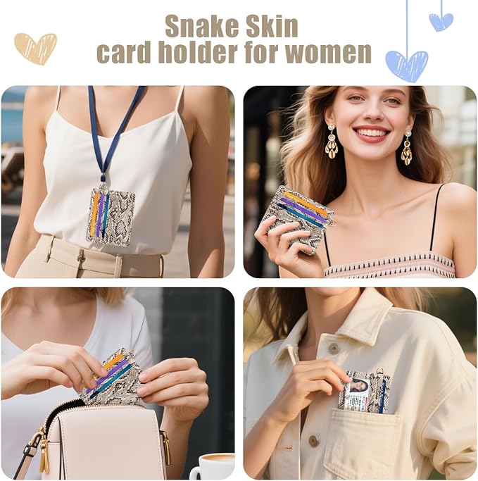 Slim Credit Card Holder Vegan Snake Skin Wallet Women Thin Wallets RFID Blocking Minimalist Lightweight Small Cute Cards Holders with ID Window, Light Snake Skin