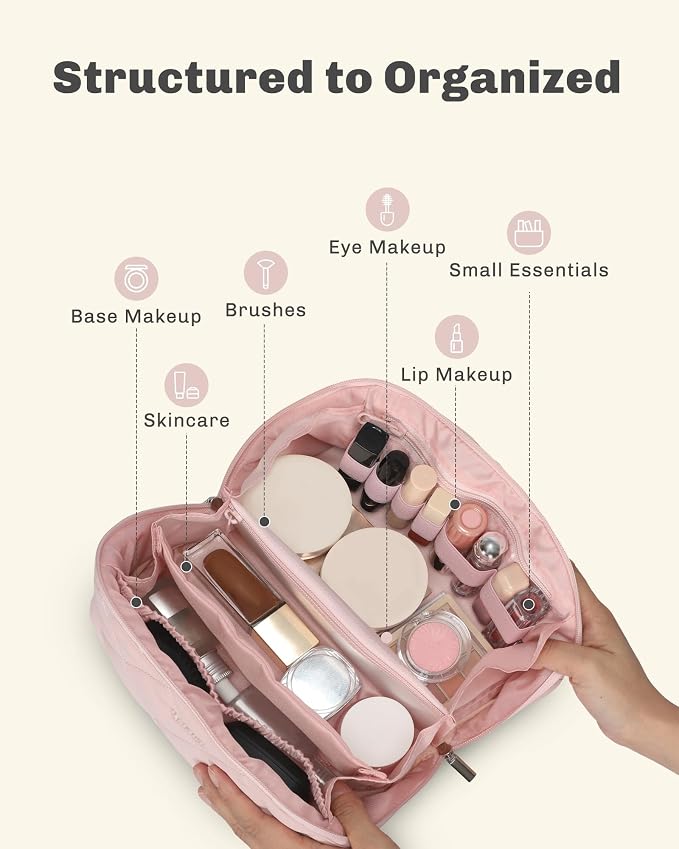 Hynes Eagle Travel Makeup Bag for Women Puffy Cosmetic Organizer Pouch Open Flat Toiletry Bag for Toiletries Brushes Structured Base Light Pink