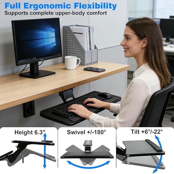 Keyboard Tray Under Desk, Adjustable Ergonomic Keyboard & Mouse Tray, Adjustable for Height and Tilt,Computer Keyboard & Mouse Platform Tray,25"W x 9.8"D Surface