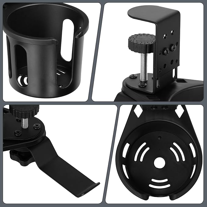 MYITYARD Desk Cup Holder Clamp, 2 in 1 Anti-Spill Clip On Table Cup Holder with Headphone Hanger, Rotatable Water Bottle Stand Drink Coffee Mug Storage, Office Accessories for Home and School