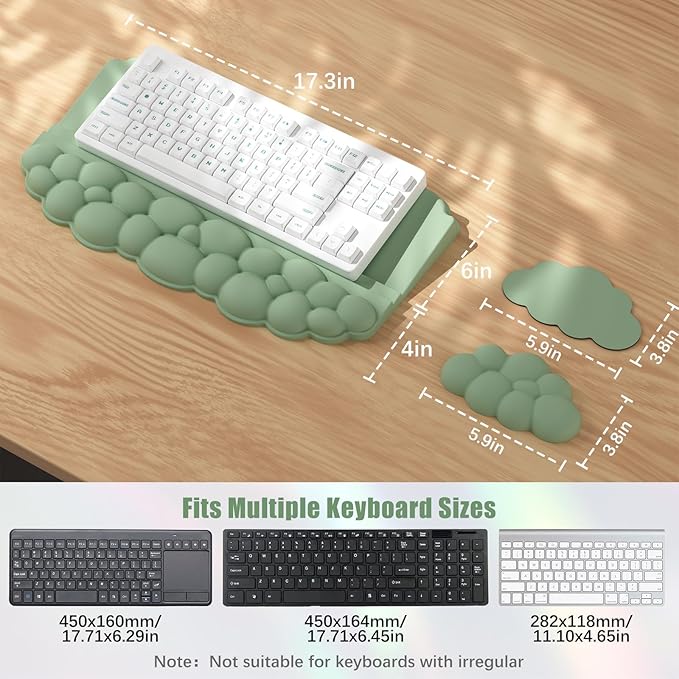 Wrist Rest with Keyboard Stand, Ergonomic Computer Wrist Support Pad, Cloud Keyboard Riser Holder with Wrist Pad, Memory Foam Desk Cushion, Palm Hand Typing for Office Home School-Green