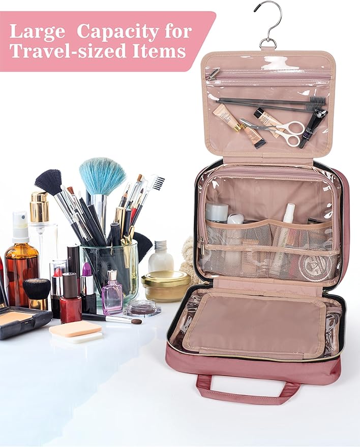 BALULHG Brown Toiletry Bag, Makeup Organizer, Travel Bag For Women Mens Toiletries, Waterproof with Hanging Hook, Large Capacity