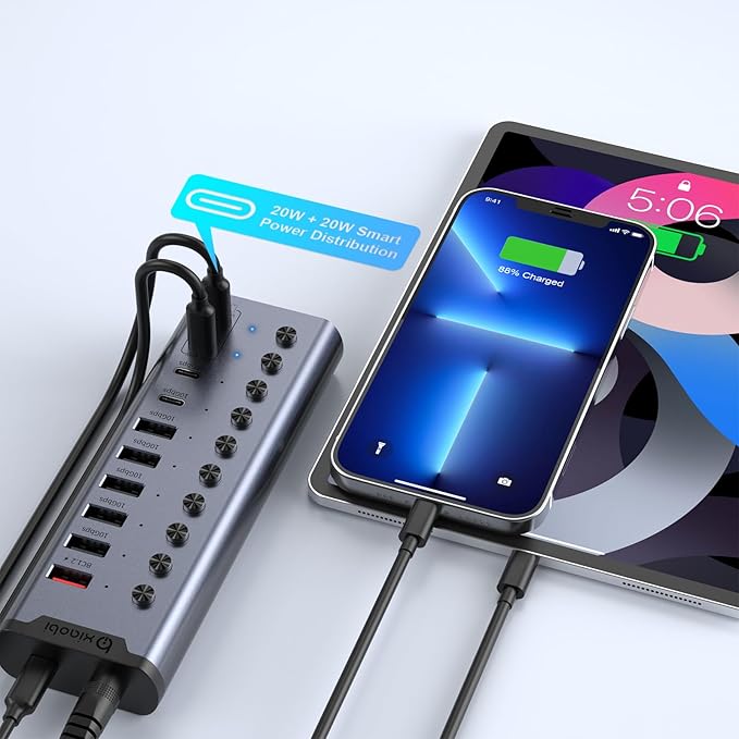 Powered USB Hub, 10-Port USB C Hub with 6*USB-A 3.2, 2*USB-C 3.2 and 2*PD 45W Charging Ports Individual Switches and 24V/3A Power Adapter, USB Extension for MacBook, PC and More.