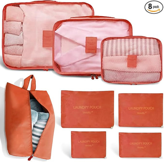 8 Set Packing Cubes for Travel Luggage Packing Bags Reusable Waterproof Suitcase Organizer Cubes Set with Shoe Bag and Toiletry Bag (Orange)