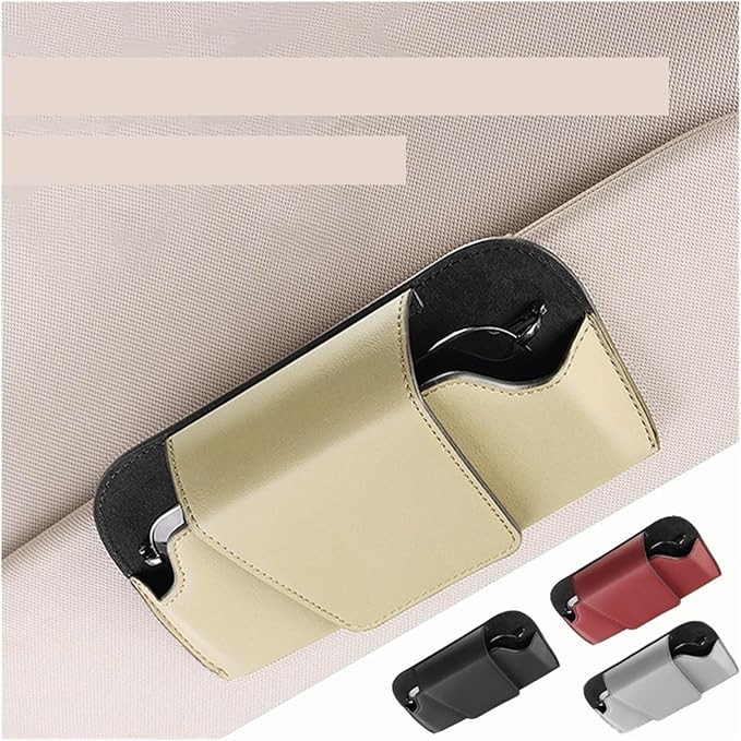 Car Glasses Case Universal Car Sun Visor Eyeglass Hanger Clip Leather Glasses Holder Magnetic Multi-Function Automobile Accessories Storage(Beige)