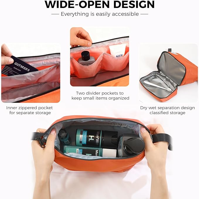 SINLAND Travel Toiletry Bag Water-resistant with Hanging Hook for Mens Large Packing with Waterproof Wet/Dry Compartment Travel Shower Bags Travel Toiletry Organizer Dopp Kit Shaving Bag