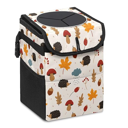 Car Trash Can Hedgehogs Maple Leaves Mushroom Wate-rproof Auto Garbage Bag Car Trash Can with Lid Leak-Proof Car Storage Bag Hanging for Headrest Collapsible and Portable with Storage Mesh Pocket