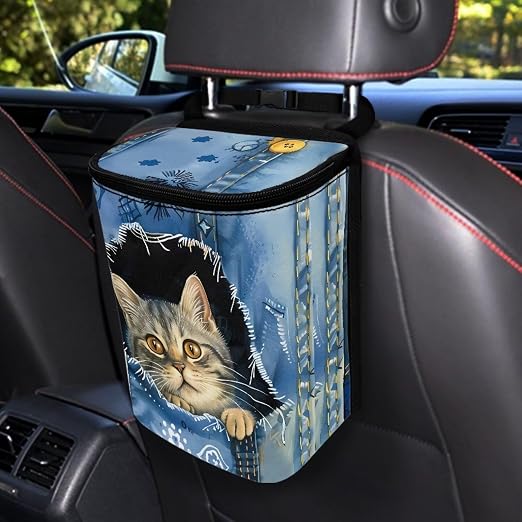 Biyejit Denim Cat Print Car Rubbish Storage Reusable Car Trash Can for Car SUVs Vans, Car Trash Bag Bin Hanging Automotive Car Garbage Cans Leak Proof Vehicle Trash Can
