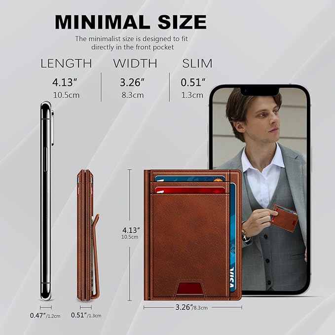 Wallet for Men 14-16 Cards, Minimalist Men Leather Wallet, Men's Front Pocket Bifold Wallets with Money Clip, Slim Thin Card Holder RFID Blocking Bill Folder Magnetic Closure Men Gifts, Reddish Brown